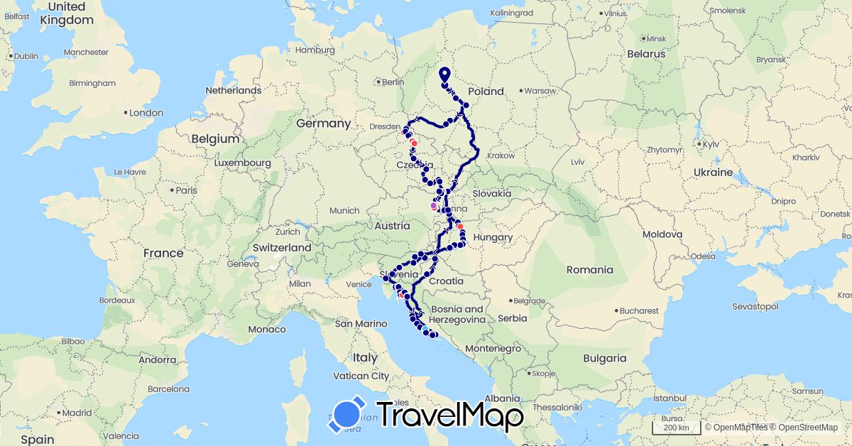 TravelMap itinerary: driving, train, hiking, boat, electric vehicle in Austria, Czech Republic, Germany, Croatia, Hungary, Italy, Poland, Slovenia, Slovakia (Europe)
